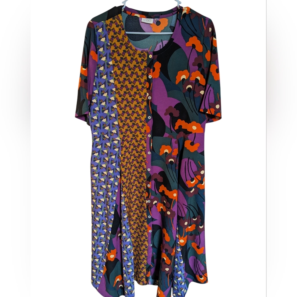 LOGO By Lori Goldstein Rich Plum Patchwork Button Front Crepe Midi Dress Size Md